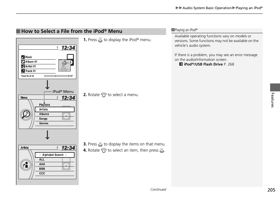 How to select a file from the ipod® menu | HONDA 2015 Pilot - Owner's Manual User Manual | Page 206 / 488