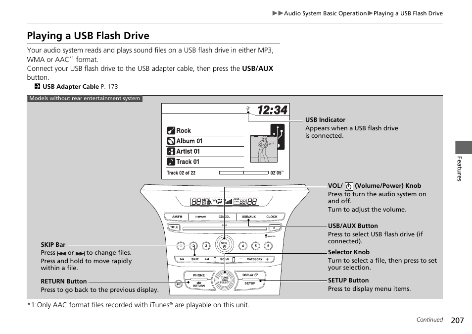 Playing a usb flash drive | HONDA 2015 Pilot - Owner's Manual User Manual | Page 208 / 488