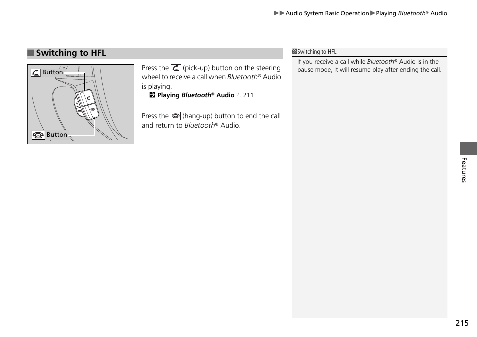 Switching to hfl | HONDA 2015 Pilot - Owner's Manual User Manual | Page 216 / 488