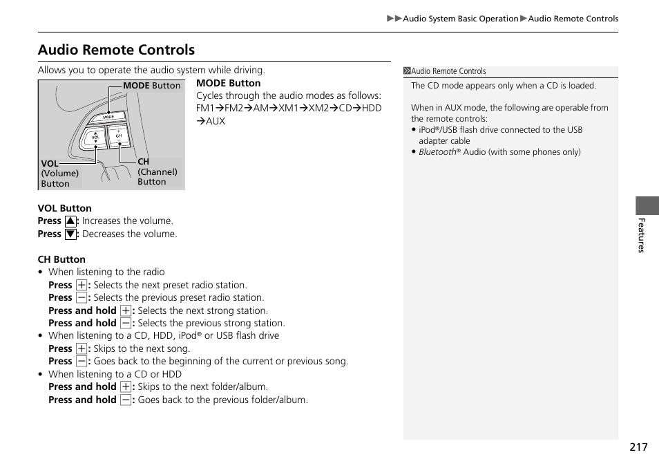 Audio remote controls | HONDA 2015 Pilot - Owner's Manual User Manual | Page 218 / 488