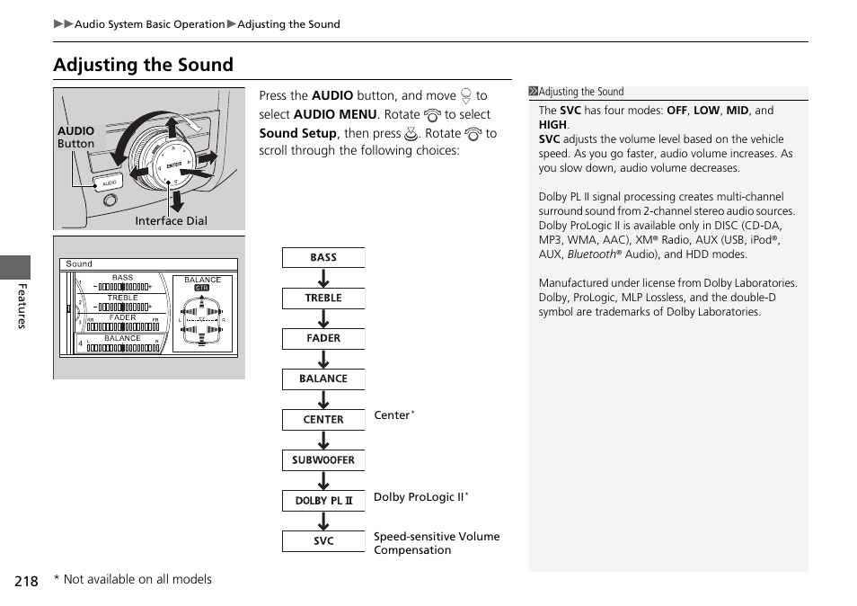 Adjusting the sound | HONDA 2015 Pilot - Owner's Manual User Manual | Page 219 / 488