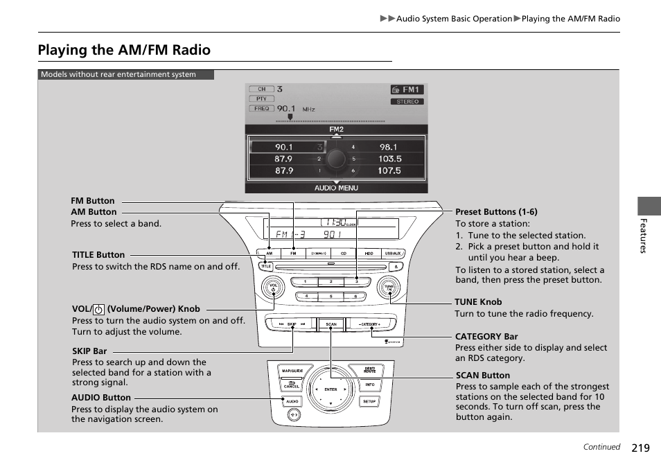 Playing the am/fm radio | HONDA 2015 Pilot - Owner's Manual User Manual | Page 220 / 488