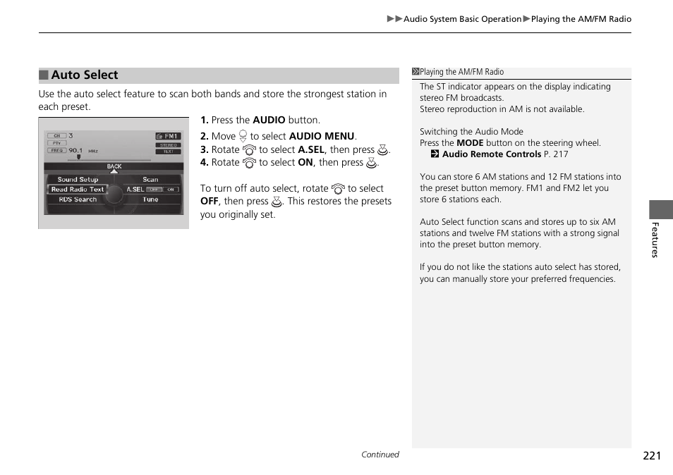 Auto select | HONDA 2015 Pilot - Owner's Manual User Manual | Page 222 / 488