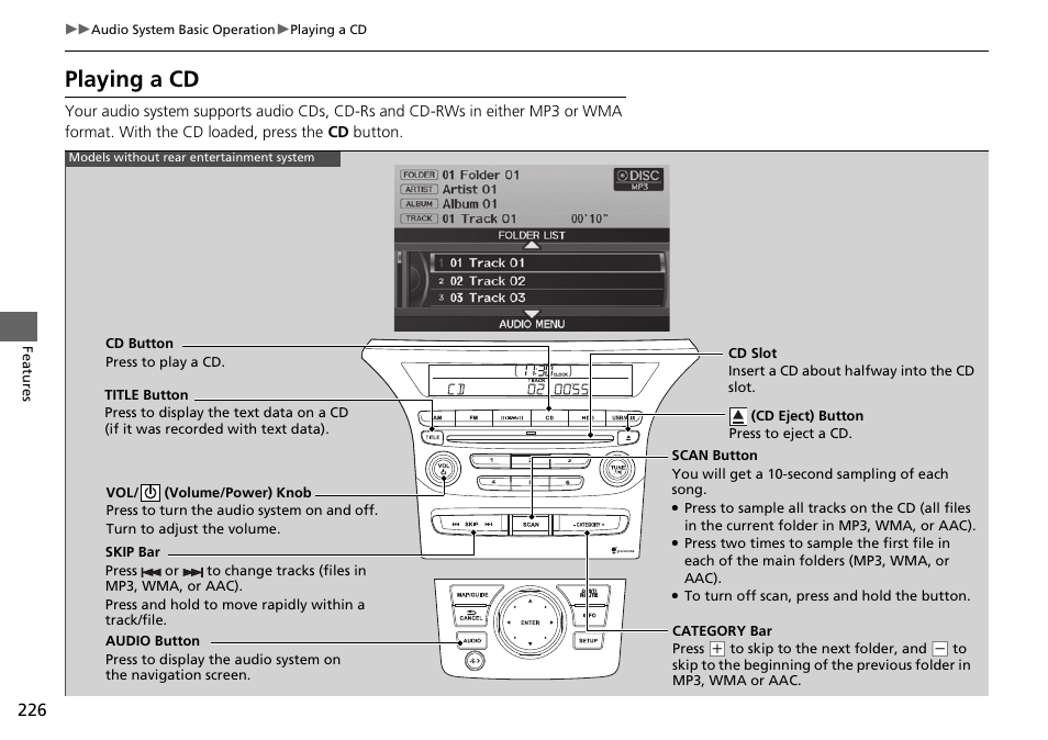 Playing a cd | HONDA 2015 Pilot - Owner's Manual User Manual | Page 227 / 488