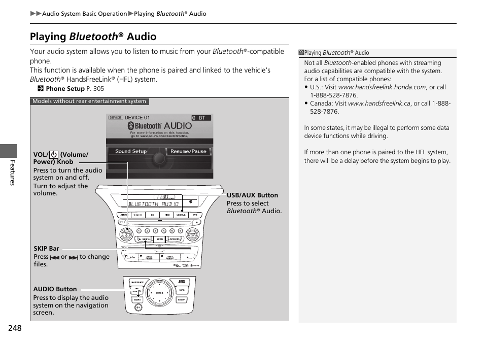 Playing bluetooth ® audio | HONDA 2015 Pilot - Owner's Manual User Manual | Page 249 / 488