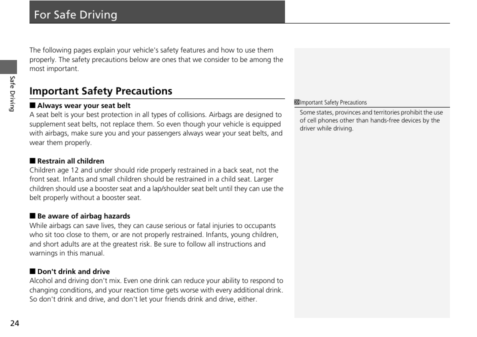 For safe driving p. 24, For safe driving, Important safety precautions | HONDA 2015 Pilot - Owner's Manual User Manual | Page 25 / 488