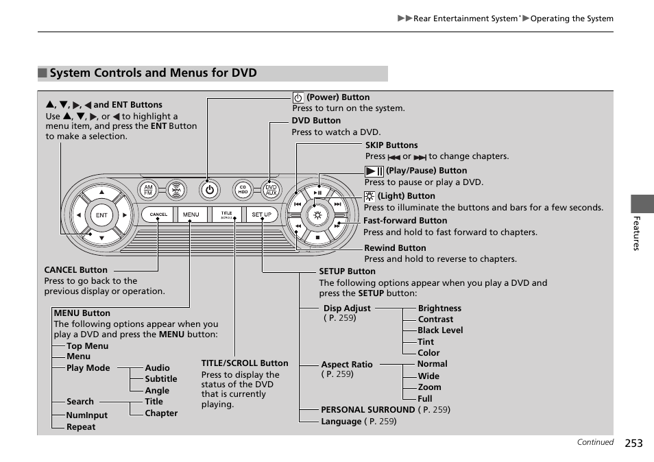 System controls and menus for dvd | HONDA 2015 Pilot - Owner's Manual User Manual | Page 254 / 488