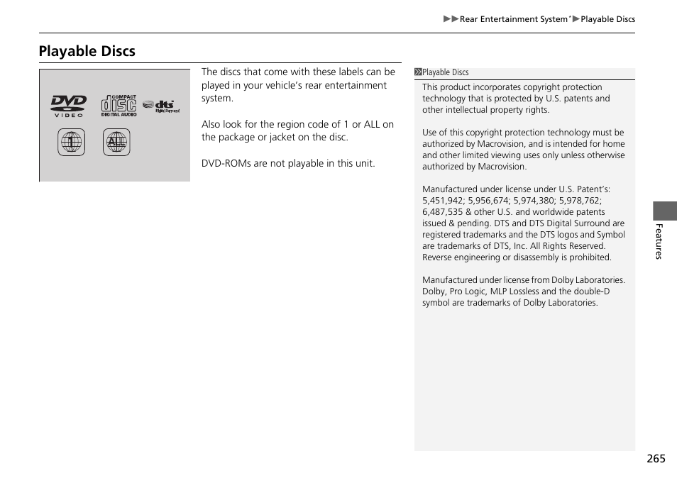 Playable discs | HONDA 2015 Pilot - Owner's Manual User Manual | Page 266 / 488