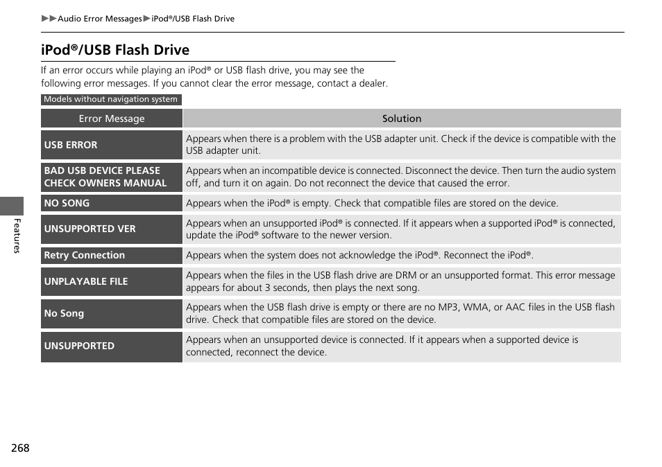 Ipod®/usb flash drive, Ipod®/usb flash drive p. 268 | HONDA 2015 Pilot - Owner's Manual User Manual | Page 269 / 488