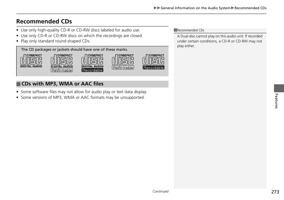 Recommended cds | HONDA 2015 Pilot - Owner's Manual User Manual | Page 274 / 488