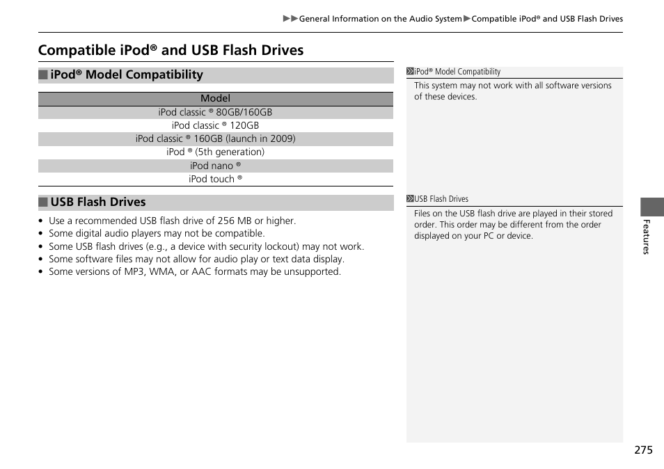Compatible ipod® and usb flash drives | HONDA 2015 Pilot - Owner's Manual User Manual | Page 276 / 488