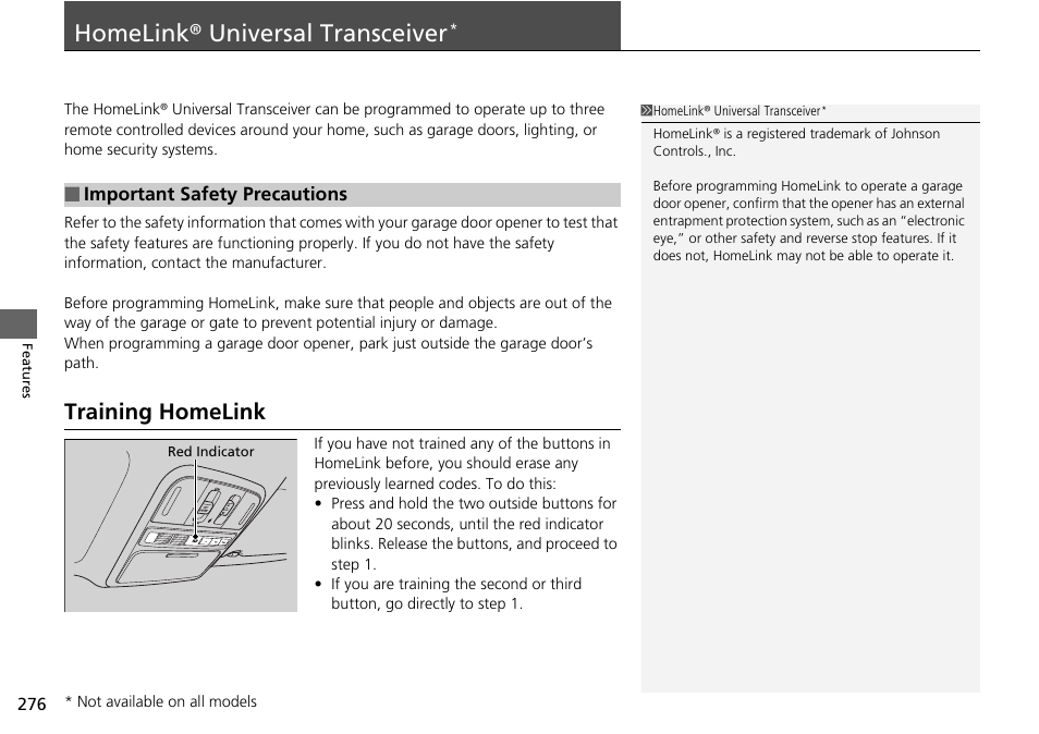 Homelink® universal transceiver, P. 276, P276 | Training homelink | HONDA 2015 Pilot - Owner's Manual User Manual | Page 277 / 488