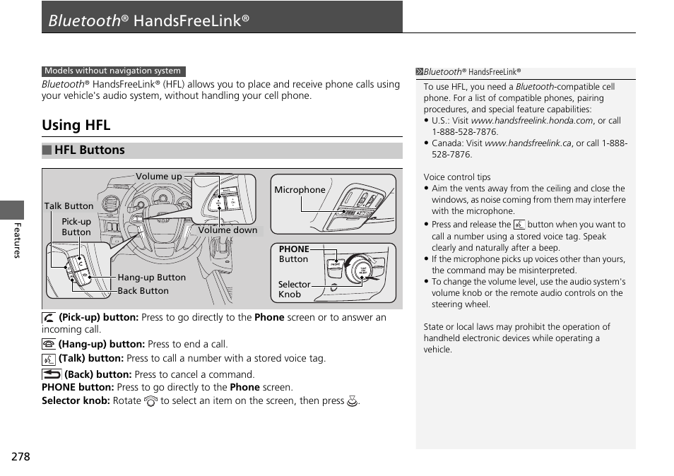 Bluetooth ® handsfreelink® p. 278, Bluetooth ® handsfreelink, Using hfl | Hfl buttons | HONDA 2015 Pilot - Owner's Manual User Manual | Page 279 / 488