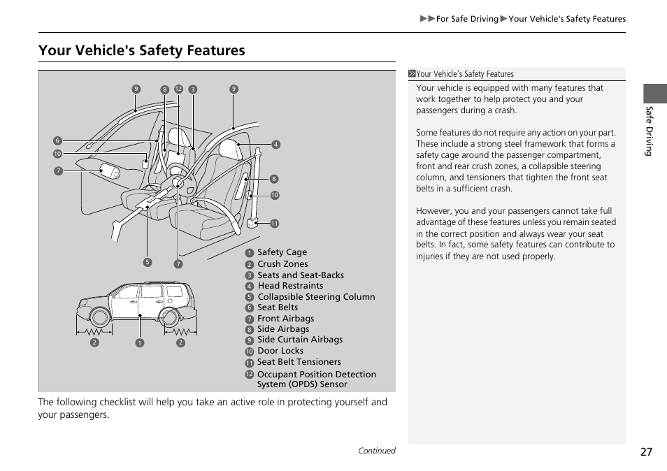 Your vehicle's safety features | HONDA 2015 Pilot - Owner's Manual User Manual | Page 28 / 488