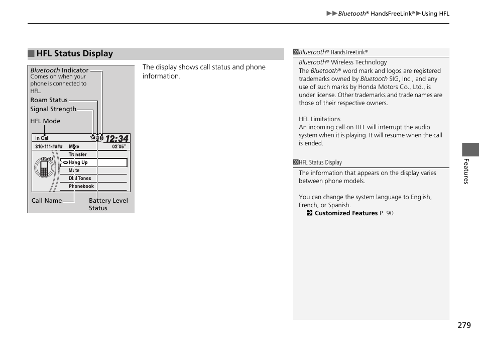 Hfl status display | HONDA 2015 Pilot - Owner's Manual User Manual | Page 280 / 488