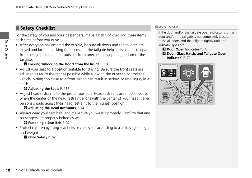 P28), Safety checklist | HONDA 2015 Pilot - Owner's Manual User Manual | Page 29 / 488