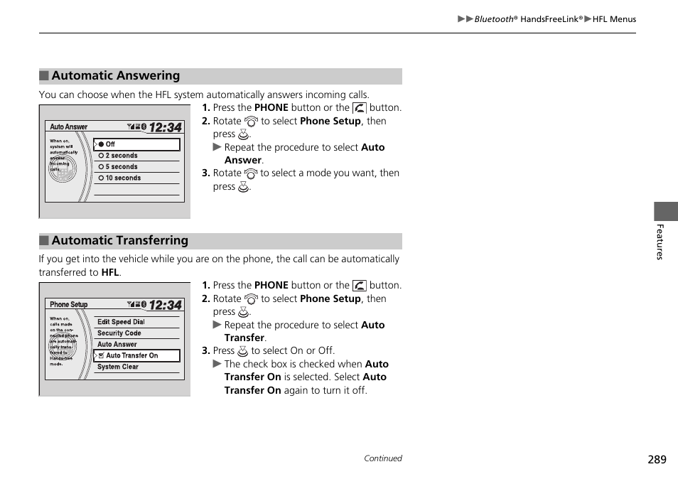 Automatic answering p. 289, Automatic transferring | HONDA 2015 Pilot - Owner's Manual User Manual | Page 290 / 488