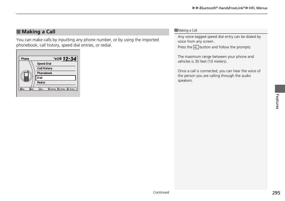 Making a call | HONDA 2015 Pilot - Owner's Manual User Manual | Page 296 / 488