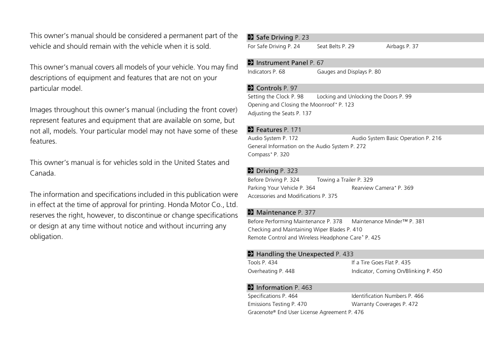 HONDA 2015 Pilot - Owner's Manual User Manual | Page 3 / 488