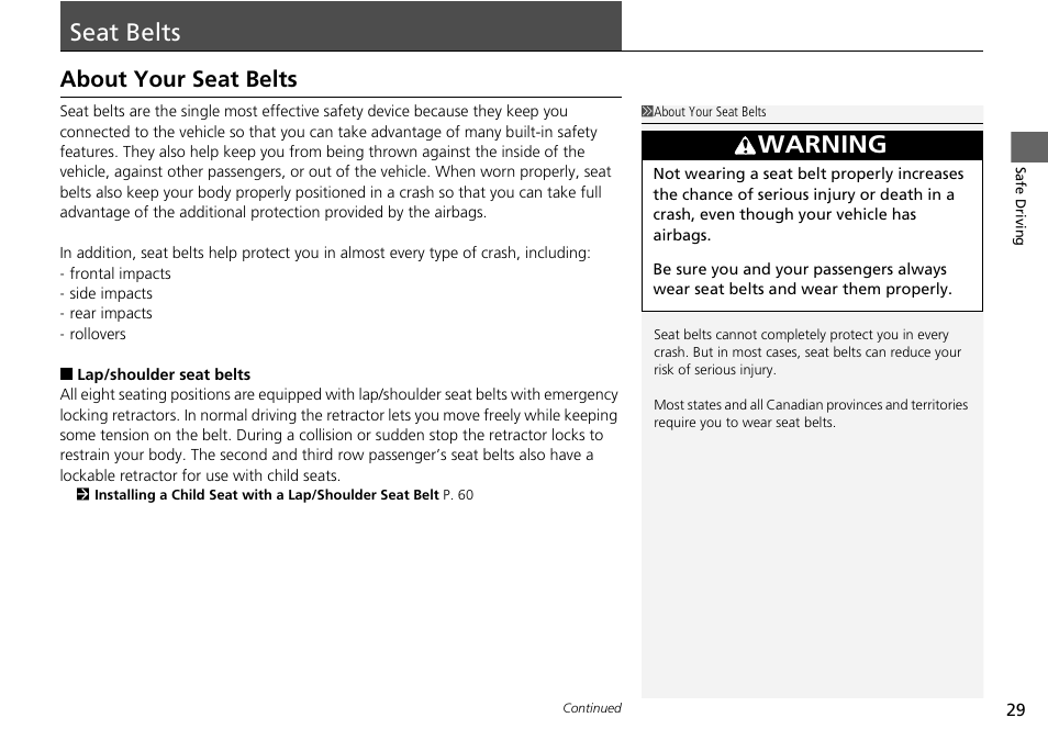 Seat belts, P29), About your seat belts | Warning | HONDA 2015 Pilot - Owner's Manual User Manual | Page 30 / 488