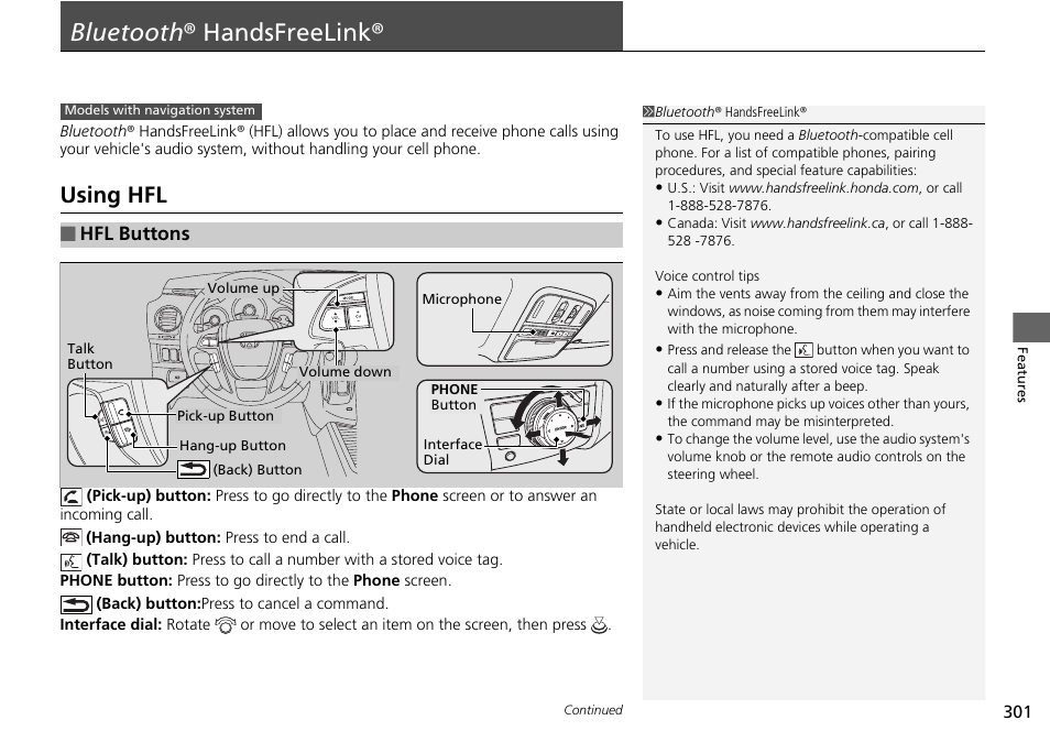 P301), Bluetooth ® handsfreelink, Using hfl | Hfl buttons | HONDA 2015 Pilot - Owner's Manual User Manual | Page 302 / 488