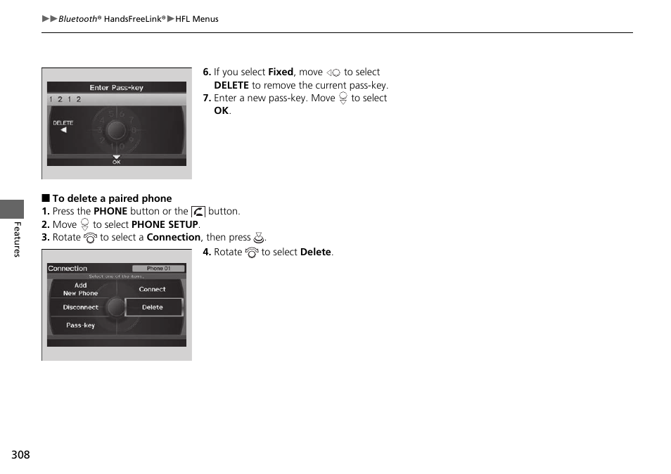 To delete a paired phone | HONDA 2015 Pilot - Owner's Manual User Manual | Page 309 / 488