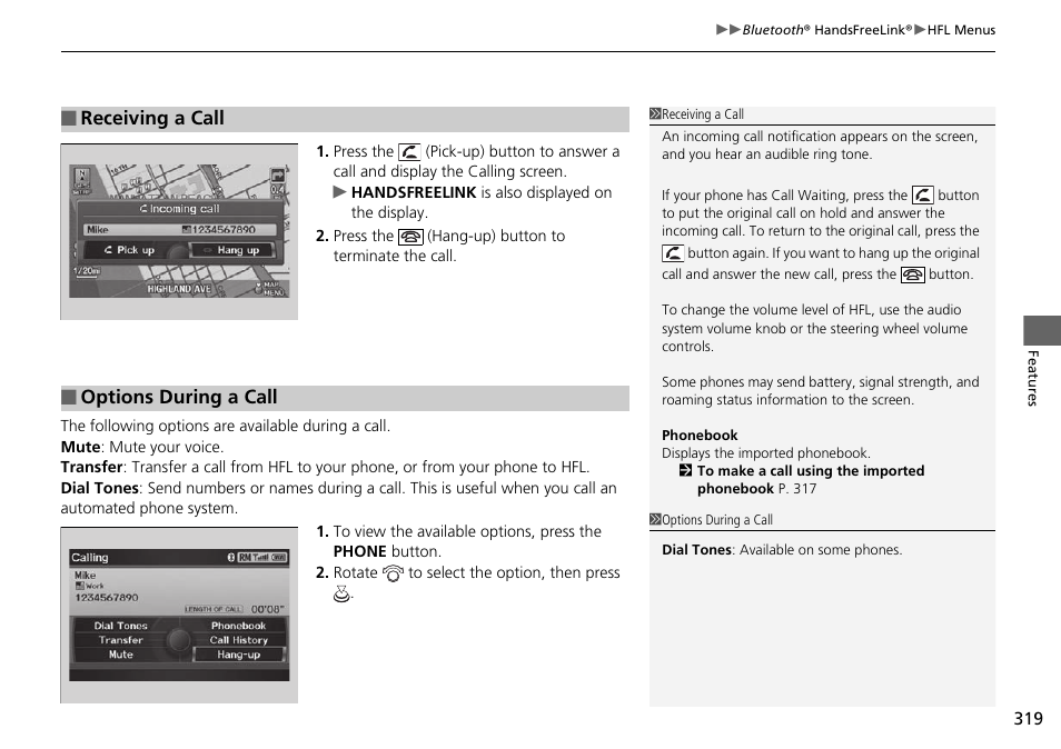 Receiving a call, Options during a call | HONDA 2015 Pilot - Owner's Manual User Manual | Page 320 / 488