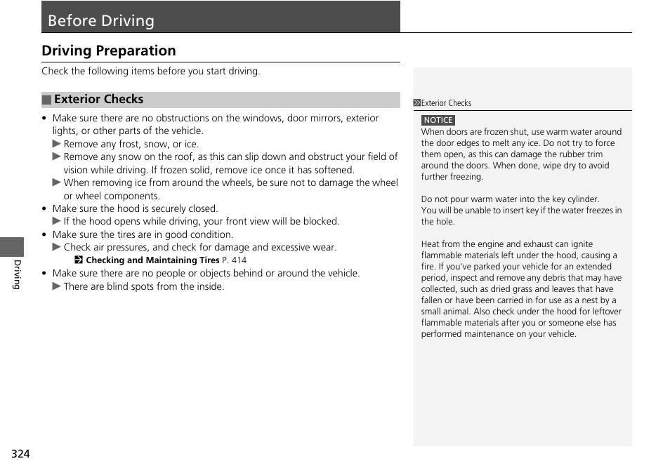 Before driving p, Before driving, Driving preparation | HONDA 2015 Pilot - Owner's Manual User Manual | Page 325 / 488