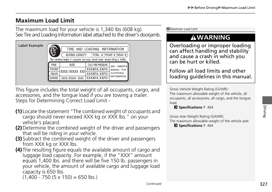 Maximum load limit, Maximum load limit p. 327, Warning | HONDA 2015 Pilot - Owner's Manual User Manual | Page 328 / 488