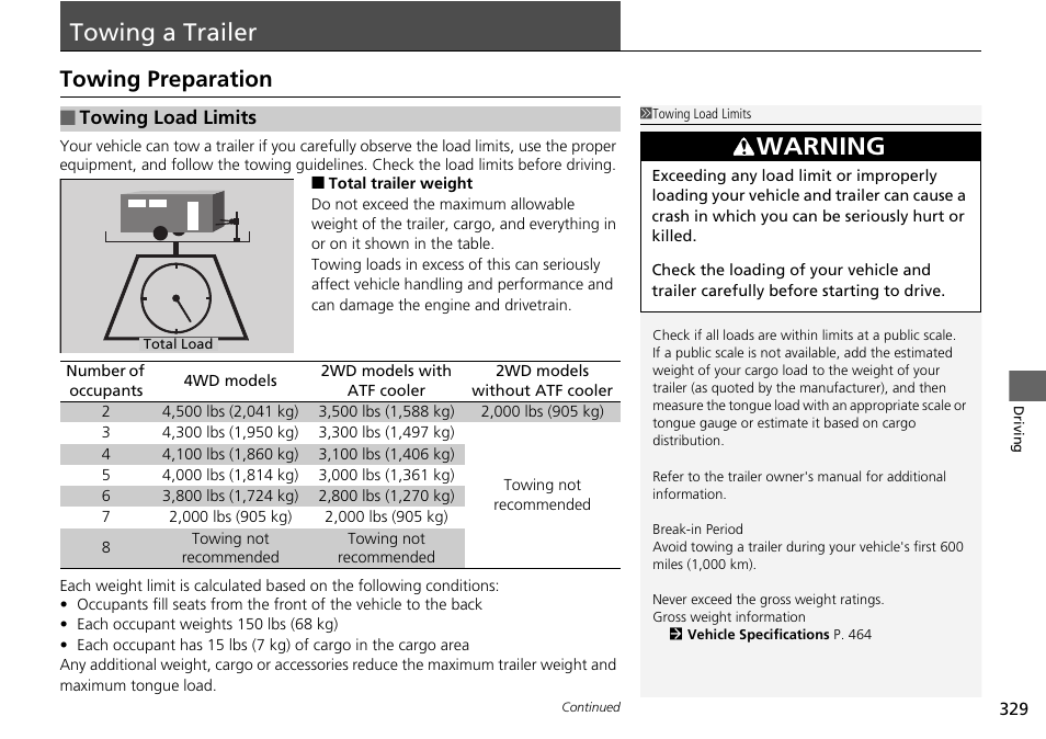 Towing a trailer p. 329, Towing a trailer, Towing preparation | Warning | HONDA 2015 Pilot - Owner's Manual User Manual | Page 330 / 488