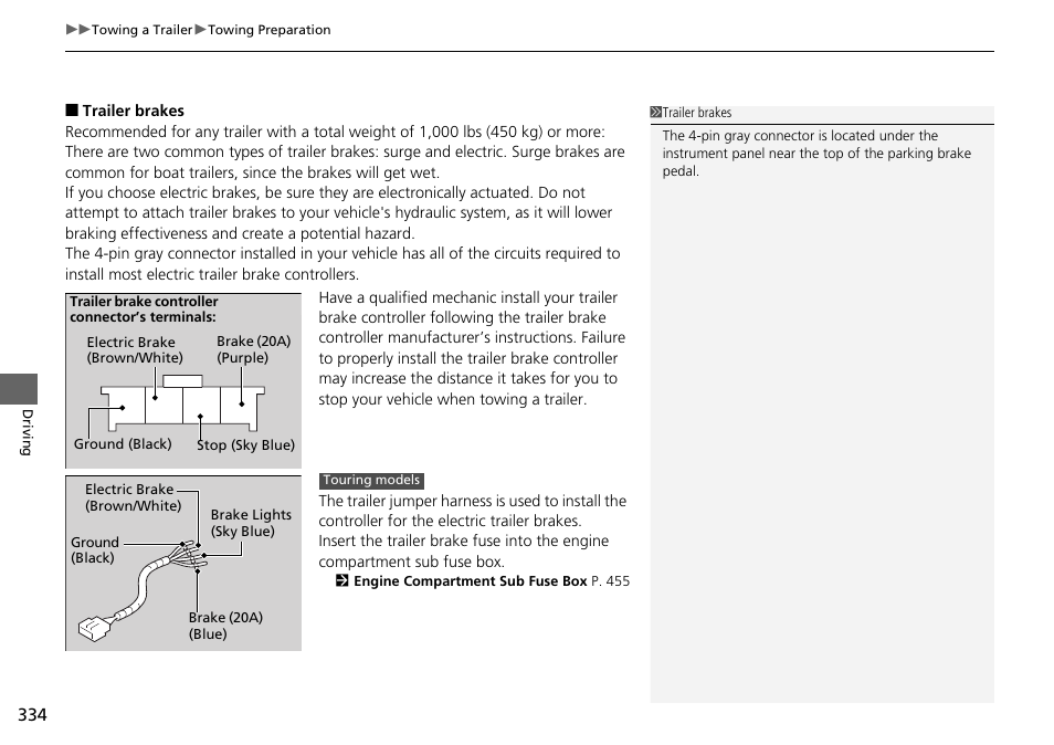 Trailer brakes | HONDA 2015 Pilot - Owner's Manual User Manual | Page 335 / 488