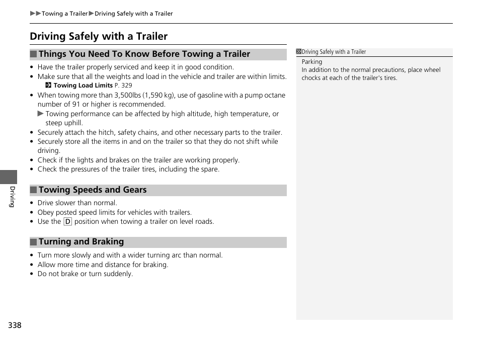 Driving safely with a trailer | HONDA 2015 Pilot - Owner's Manual User Manual | Page 339 / 488