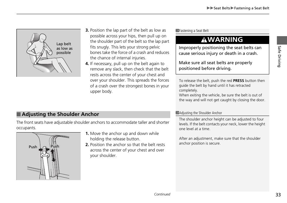 Warning | HONDA 2015 Pilot - Owner's Manual User Manual | Page 34 / 488