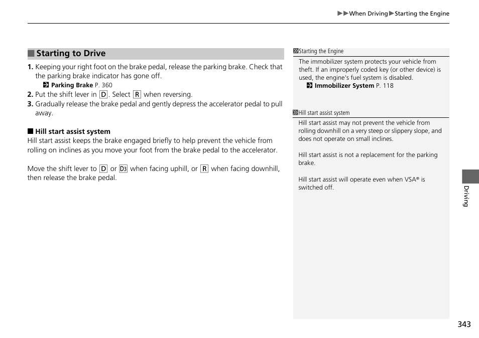 Starting to drive | HONDA 2015 Pilot - Owner's Manual User Manual | Page 344 / 488