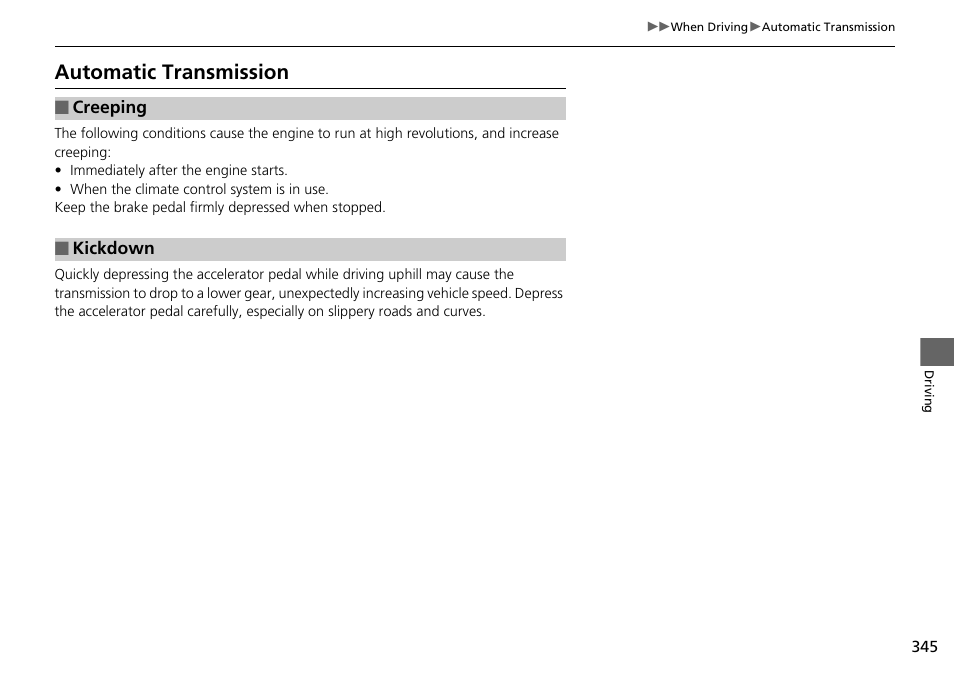 P345), Automatic transmission | HONDA 2015 Pilot - Owner's Manual User Manual | Page 346 / 488