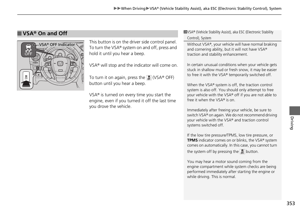P353), Vsa® on and off | HONDA 2015 Pilot - Owner's Manual User Manual | Page 354 / 488