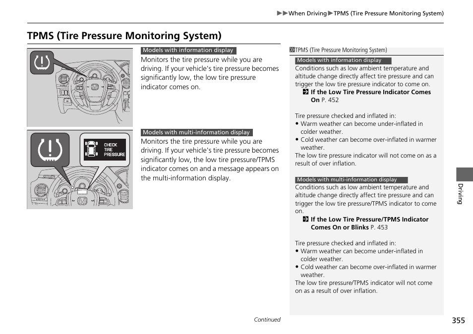 P355), Tpms (tire pressure monitoring system) | HONDA 2015 Pilot - Owner's Manual User Manual | Page 356 / 488