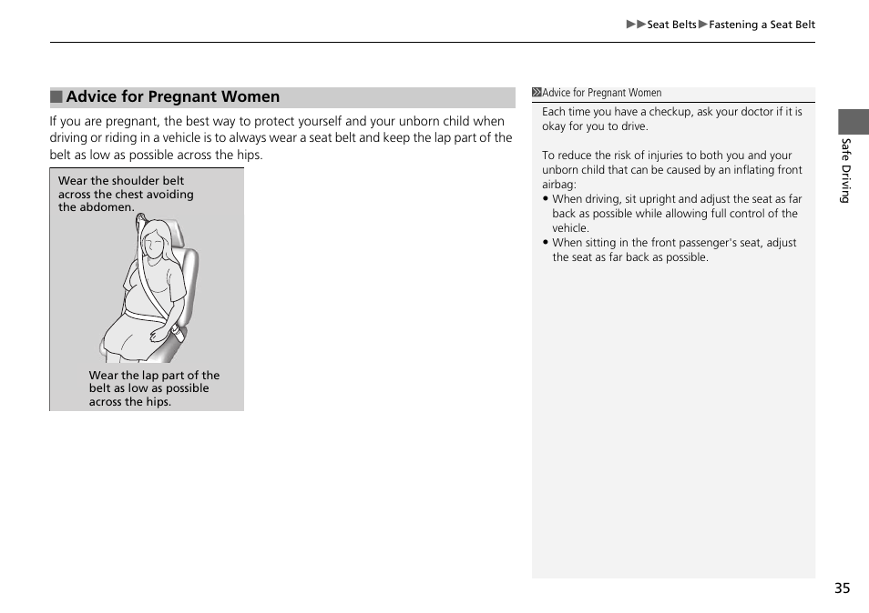 Advice for pregnant women | HONDA 2015 Pilot - Owner's Manual User Manual | Page 36 / 488