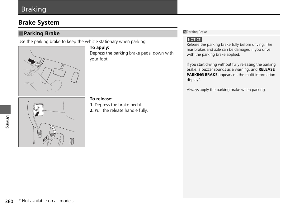 Braking, Brake system, Parking brake p. 360 | HONDA 2015 Pilot - Owner's Manual User Manual | Page 361 / 488