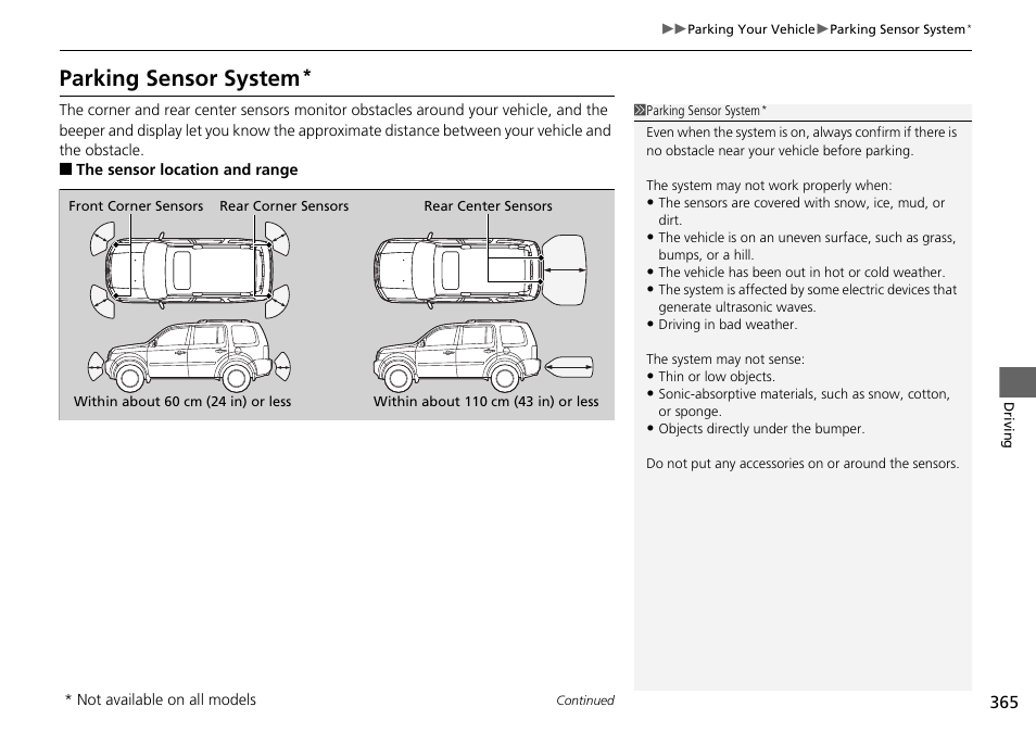 Parking sensor system | HONDA 2015 Pilot - Owner's Manual User Manual | Page 366 / 488