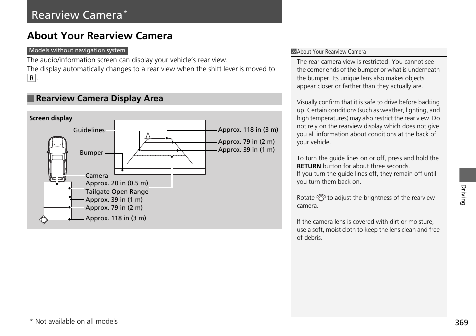 Rearview camera, P369), About your rearview camera | Rearview camera display area | HONDA 2015 Pilot - Owner's Manual User Manual | Page 370 / 488