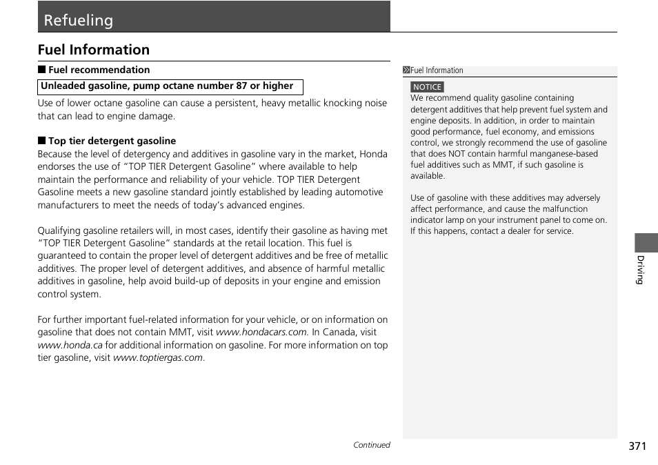 Refueling p. 371, P371, Refueling | Fuel information | HONDA 2015 Pilot - Owner's Manual User Manual | Page 372 / 488