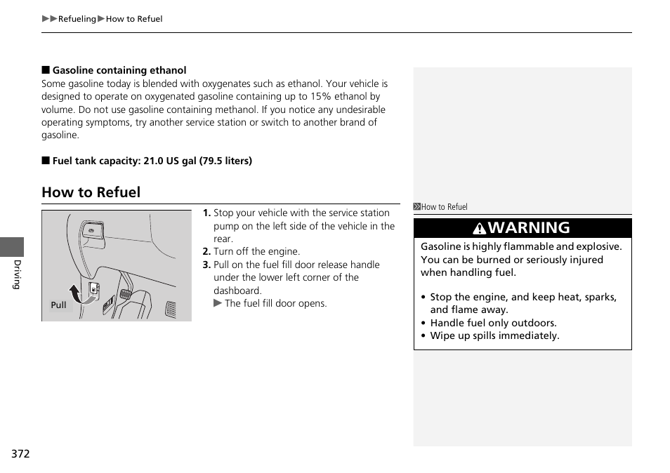 P372), P372, How to refuel | Warning | HONDA 2015 Pilot - Owner's Manual User Manual | Page 373 / 488