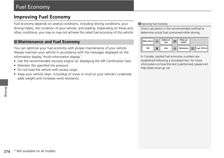 Fuel economy, Improving fuel economy, Maintenance and fuel economy | HONDA 2015 Pilot - Owner's Manual User Manual | Page 375 / 488