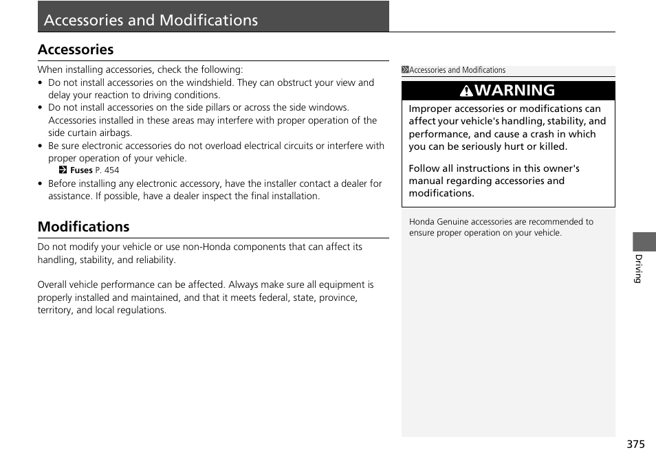 Accessories and modifications p. 375, Accessories and modifications, Accessories modifications | Warning, Accessories, Modifications | HONDA 2015 Pilot - Owner's Manual User Manual | Page 376 / 488