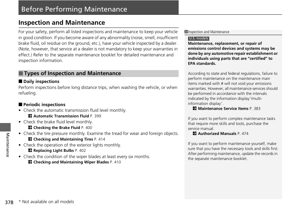 Before performing maintenance p. 378, Before performing maintenance, Inspection and maintenance | Types of inspection and maintenance | HONDA 2015 Pilot - Owner's Manual User Manual | Page 379 / 488