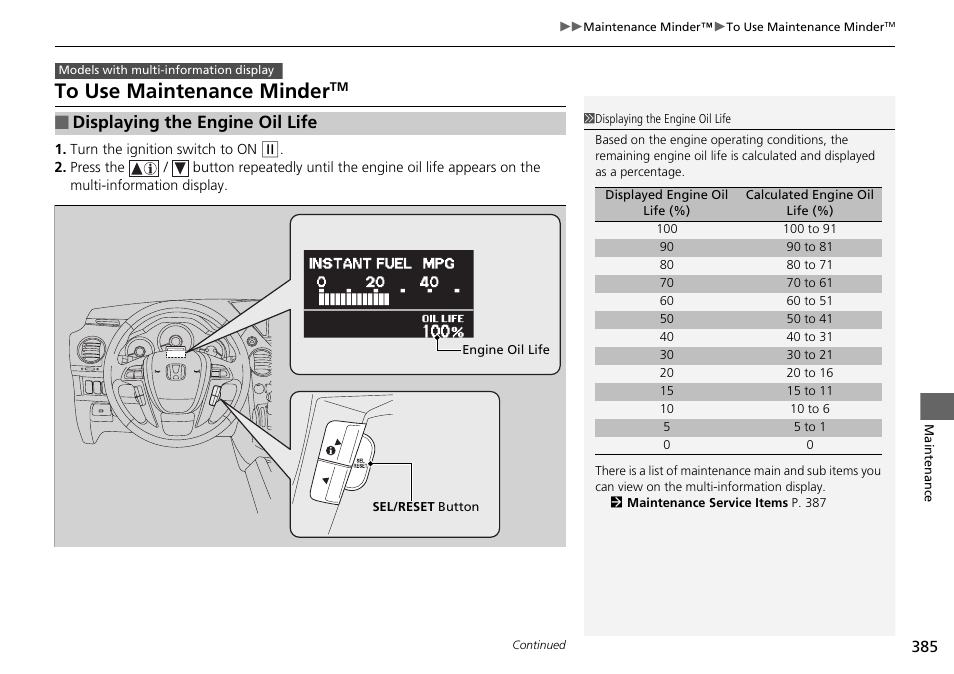 Displaying the engine oil life | HONDA 2015 Pilot - Owner's Manual User Manual | Page 386 / 488