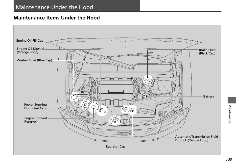 Maintenance under the hood, P389, Maintenance items under the hood | HONDA 2015 Pilot - Owner's Manual User Manual | Page 390 / 488