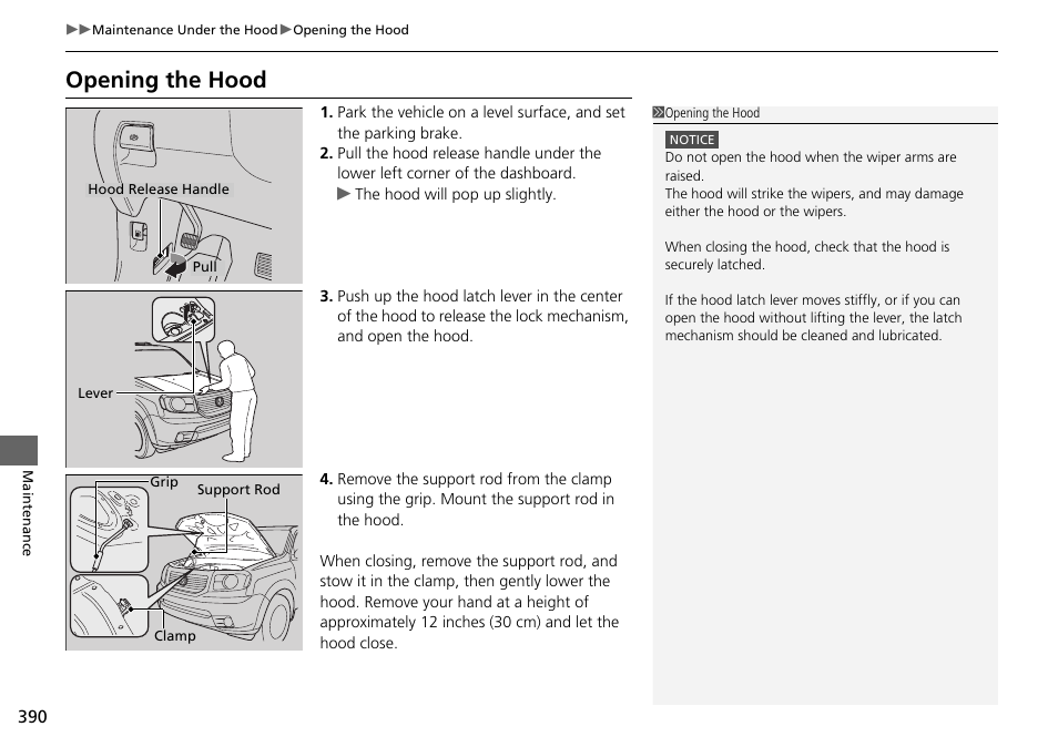 P390), Opening the hood | HONDA 2015 Pilot - Owner's Manual User Manual | Page 391 / 488