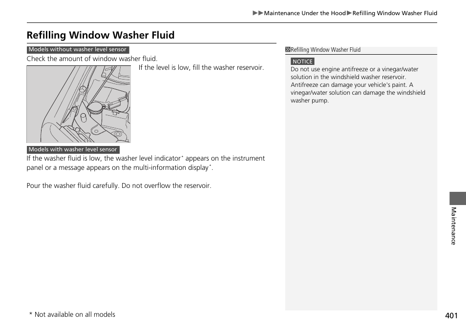Refilling window washer fluid | HONDA 2015 Pilot - Owner's Manual User Manual | Page 402 / 488